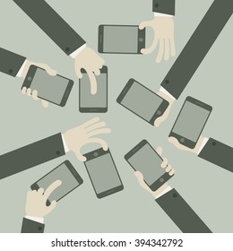 Team business concept, hands with tablets & phones, vector illustration