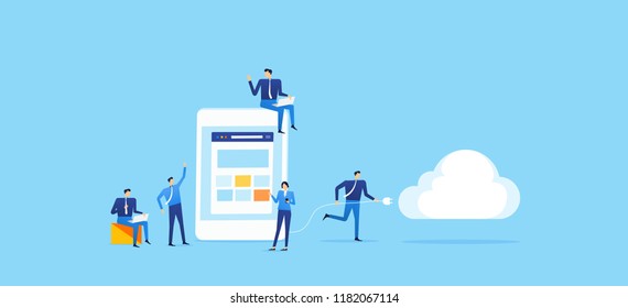 team business develop application on mobile and connect to cloud computing service concept 
