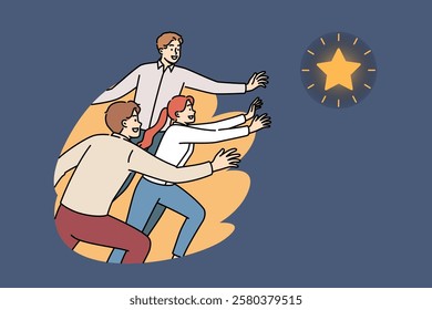 Team of business employees is chasing star to achieve professional success and fulfill group goal. Team of office workers demonstrate ambition and inspiration as they compete to fulfill sales plan.