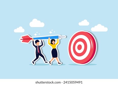 Team business goal, teamwork collaboration to achieve target, coworkers or colleagues with same mission and challenge concept, businessman and woman people help holding dart aiming on bullseye target.