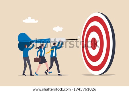 Team business goal, teamwork collaboration to achieve target, coworkers or colleagues with same mission and challenge concept, businessman and woman people help holding dart aiming on bullseye target.