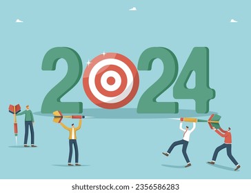 Team business goals for new year 2024, brainstorming to develop strategy or plan to achieve financial goals, cooperation for success, results in new year, men with darts near 2024 with board for darts