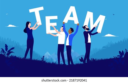 Team business - Group of diverse businesspeople holding the word team in hands. Teamwork in the workplace concept, vector illustration with blue background