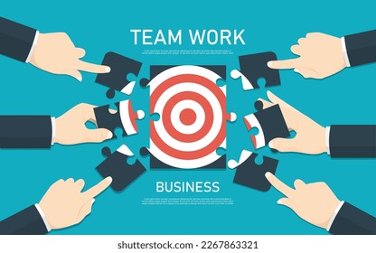 Team business human hand assembling jigsaw target elements to success, Digital marketing illustration.