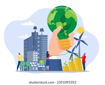 Team Business invest with ESG or ecology problem concept, business invest energy sources. Preserving resources of planet. Cartoon modern flat vector illustration