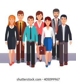 Team of business man and woman standing together. Entrepreneurs group teamwork. Flat style vector illustration.