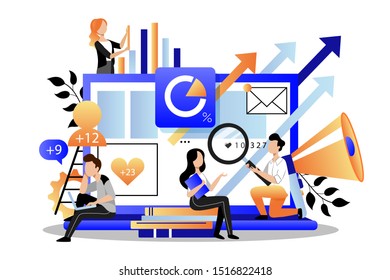 Team Of Business Marketers Analyzes Data, Develops Product Promotion Strategy In Social Networks. Vector Flat Cartoon Illustration. Digital Marketing Searching Trends Concept.