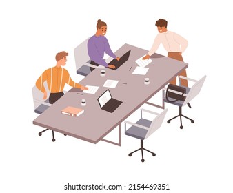 Team at business meeting at conference table. People work with laptops, documents together at office desk. Employees teamwork, discussion. Flat vector illustration isolated on white background