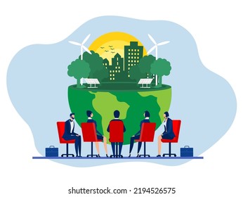 Team Business Meeting With ESG Or Ecology Problem Concept, Business Invest Energy Sources. Preserving Resources Of Planet. Cartoon Modern Flat Vector Illustration