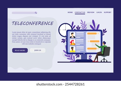 Reunião de negócios em equipe sobre teleconferência para projeto em formato digital. Treinamento e webinar. Comunicação via Web e recebimento de atribuições freelance com empregadores. Banner plano de página inicial do vetor