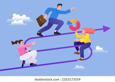 A team of business partners work together to achieve the goals set. progress arrow. Office teamwork concept with people working together. successful growth toward company goals. flat vector.