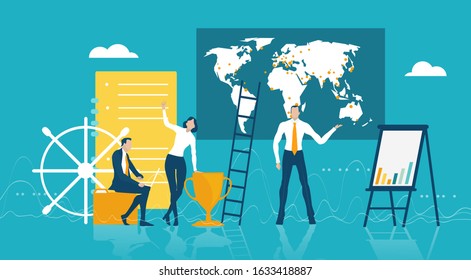 Team of business people, bankers staying in front of map and showing global growing business. Concept illustration