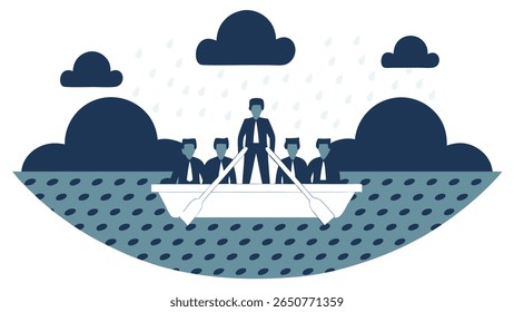 A team of business people in a boat rowing together under stormy skies with rain falling. One person stands at the front, seemingly leading the group.