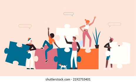 Team of business people building puzzle together. Cartoon partners characters with missing pieces of jigsaw help to build cooperation flat vector illustration. Teamwork, strategy, achievement