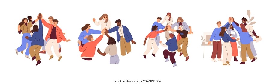 Team of business people celebrate success in work collaboration together, giving high five with joy. Unity and support between colleagues concept. Flat vector illustration isolated on white background