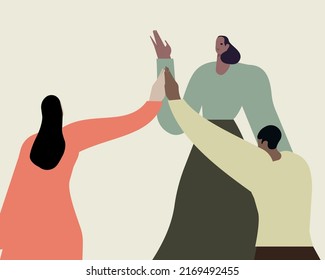 Team Of Business People Celebrate Success In Work Collaboration Together, Giving High Five With Joy. Flat Vector Illustration Isolated On White Background