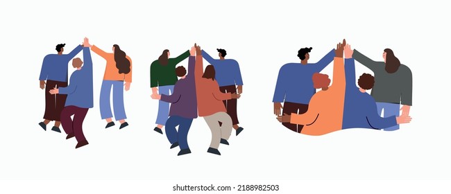 Team of business people celebrate success in work collaboration together, giving high five with joy. Unity and support between colleagues concept. Flat vector illustration isolated on white background