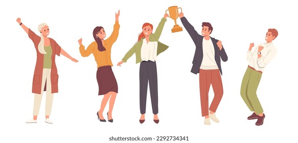 Team of business people cheering celebrating success holding trophy and happy jumping in air