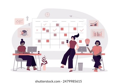 Team of business people, employees at desks. Businesswomen sitting at workplace and talking new project. Financial analysts, economist working in office. Time management, brainstorming. flat vector