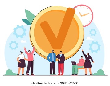 Team of business people finishing work with success. Tiny male and female corporate managers with checkmark of good job flat vector illustration. Well done job, effective task management concept