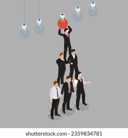 Team of business people fixing the light bulb. Idea, modification and support 3d vector illustration concept for banner, website, illustration, landing page, flyer, etc