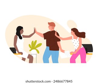 Team of business people giving high five, young employees clap hands together vector illustration