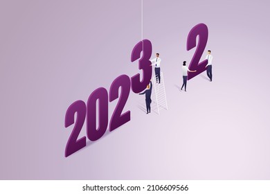 Team of business people help each other turn 2022 into 2023 together.  isometric vector illustration.