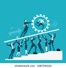 Team of business people holding up the platform with business man rolling the gear towards the success 