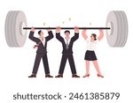 Team of business people lift barbell together, demonstrating unity and synergy in achieving goal. Successful team of office employees sets new record thanks to collaboration with partners