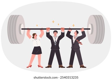 Team of business people lift barbell together, demonstrating unity and synergy in achieving goal. Successful team of office employees sets new record thanks to collaboration with partners