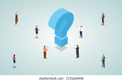 team of business people male and female work to solve problems and find solutions with modern isometric style
