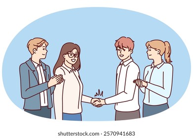 Team business people and manager handshake with best employee company to motivate staff to increase productivity. Successful business team clapping and shaking hands rejoicing at joint achievements