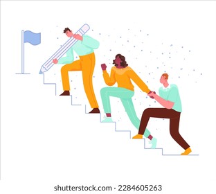 Team of business people, men and woman walking up stairs and taking the steps to success. Teamwork and cooperation concept.