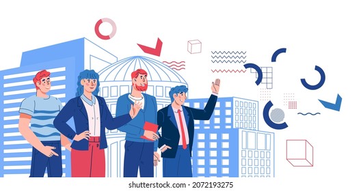 Team of business people in modern city. Successful company  business team building and leadership, partnership and teamwork, cartoon flat vector illustration isolated.