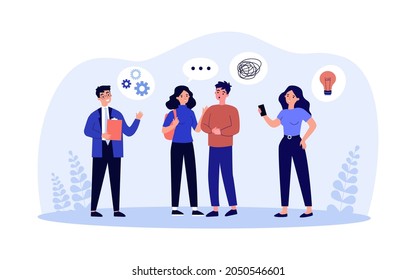 Team of business people on brainstorm meeting. Group of office workers discussing ideas, brainstorming together in chat. Teamwork communication concept for banner, website design or landing web page