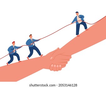 Team of business people pulling rope. Tiny characters competing, standing on hands shaking each other flat vector illustration. Tug of war, confrontation in business partnership, cooperation concept