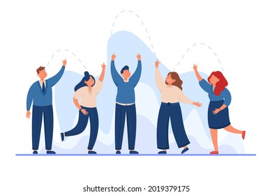 Team of business people putting hands up together. Businessman and group of workers in suits with fingers pointing upwards flat vector illustration. Teamwork, communication concept for banner