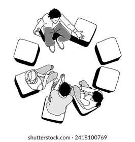 Team of business people sitting in circle top view. Teambuilding, staff education concept. Young men, women meeting with couch at training, brainstorming. Vector isolated on white. Not generative AI