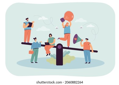 Team of business people sitting on scales. Teamwork of male and female tiny employees working on equilibrium of unbalanced scales flat vector illustration. Business comparison, advantage concept