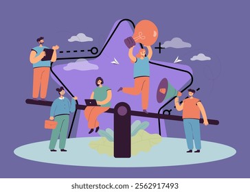 Team of business people sitting on scales. Teamwork of male and female tiny employees working on equilibrium of unbalanced scales flat vector illustration. Business comparison, advantage concept