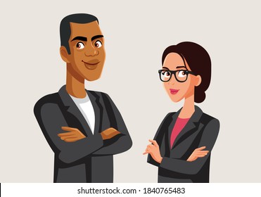 Team Of Business People Standing And Smiling. Successful Male And Female Working Together 
