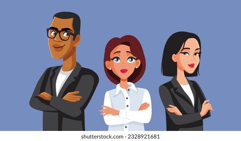 
Team of Business people Standing and Smiling Vector Illustration. Office workers smiling feeling good about their projects together 
