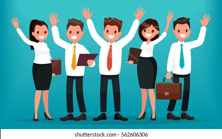 Team of business people with their hands up. Successful group of office workers. Vector illustration in a flat style