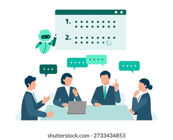 Team of business people using AI assistant for automatic meeting recording, supporting teamwork, collaboration, documentation and productivity in office and remote work settings