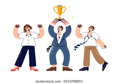Team of business people with winning cup rejoices at receiving expensive trophy symbolizing leadership. Winning dance of men and women working as clerks after completing successful transaction