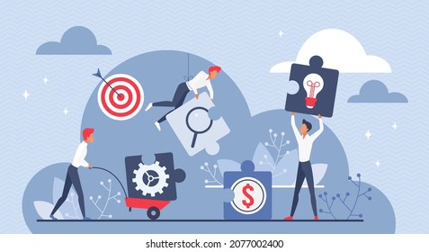 Team of business people work on cooperation vector illustration. Cartoon building puzzle, holding pieces with light bulb, money, magnifying glass and gear inside. Teamwork, success partnership concept