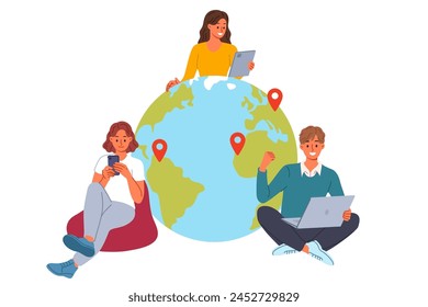 Equipo de personas de negocios trabaja de forma remota desde diferentes países, sentados con aparatos cerca del globo. Equipo de dos mujeres y un hombre utiliza internet para conectarse con amigos en otros continentes