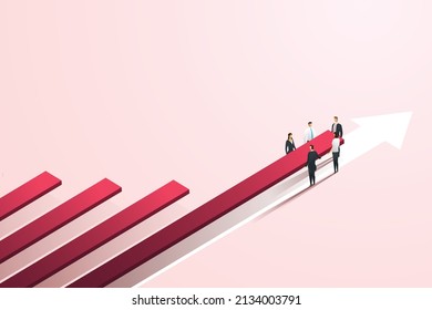 Team business person raise a red bar graph on a pink background. Grow financially and business. isometric vector illustration.