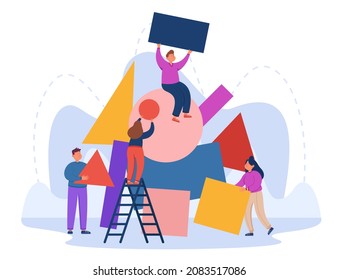 Team of business persons arranging geometric shapes together. Cartoon people solving abstract puzzle, chaos flat vector illustration. Collaboration, organization concept for banner or landing web page