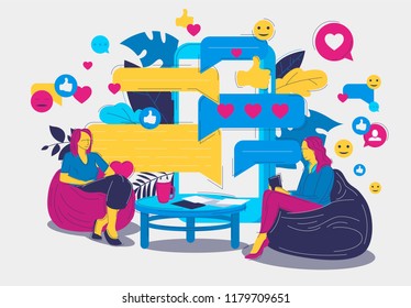 Team business planning template, two girls sitting on poufs, live chat, social network